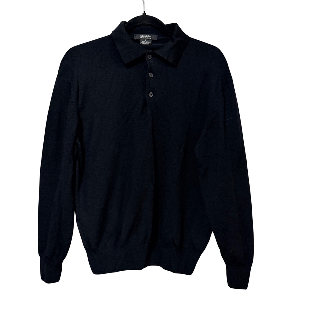 Giorgiolini Mens Black 100% Extrafine Merino Wool Long Sleeve Polo Sweater Large
